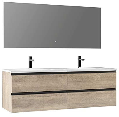 StoneArt Badmöbel-Set mit Mineralguss Waschbecken und Unterschrank und LED Spiegel Touch-Sensor Waschtisch als Einzel- oder Doppelwaschbecken Monte Carlo MC-1600 eiche hell 160cm