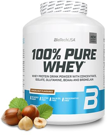BioTechUSA 100% Pure Whey Molkenprotein-Komplex mit Bromelain-Enzymen, Aminosäuren, ohne Zuckerzusatz, palmölfrei, 2270g, Haselnuss