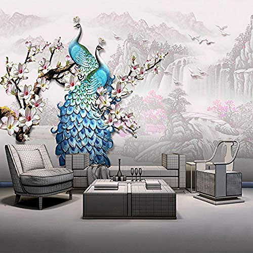 Fototapete Europäischer Stil Blauer Pfau 3D Wandbilder Wohnzimmer TV Sofa Hintergrund Tapeten für Wände Wanddekoration fototapete 3d Tapete effekt Vlies wandbild Schlafzimmer-400cm×280cm