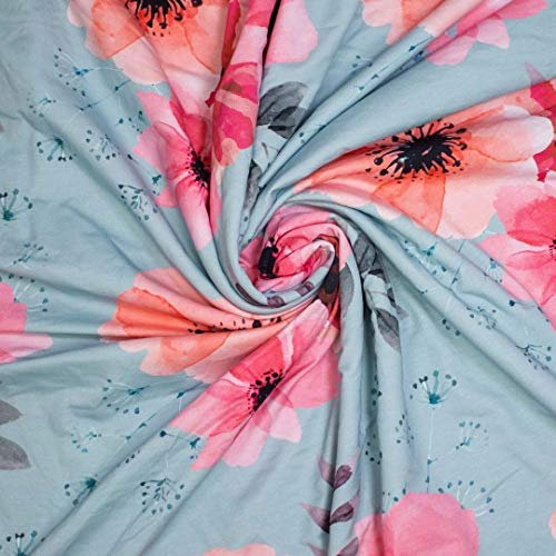 Sommersweat, Mies and Moos, Sweatshirtstoff mit großen Blumen Koralle auf Mint als Meterware zum Nähen, 50 cm