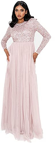 Maya Deluxe Women's Maya Deluxe Frosted Pink Embellished Long Sleeve Maxi Bridesmaid Dress, Frosted Pink, 18 Plus UK