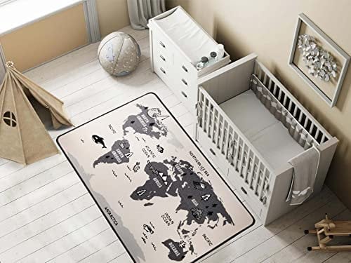 Primaflor Spielteppich Retro - 100x150 cm, Weltkarte | Moderner Kinderteppich im skandinavischen Design mit Tieren & Kontinenten | Teppich für Kinderzimmer | Kurzflor | Schwarz-Weiß
