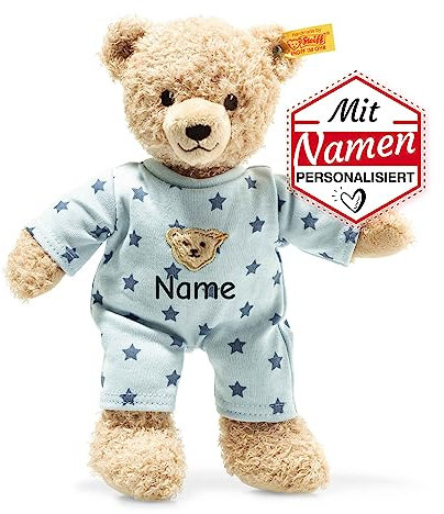 Steiff Jungen Teddy and Me Bär mit Namen personalisiert, Blau Schlafanzug Kuscheltier, Niedlicher Schmusetier Plüschtier Stofftier für Babys Kinder