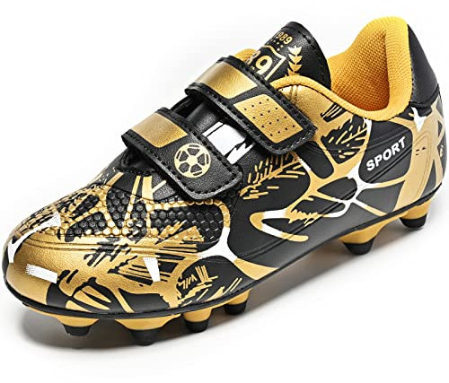 Mitudidi Kids Football Boots Boys Girls FG/AG Soccer Athletics Running Sport Training Shoes Profession Competition Teenager Indoor Outdoor Cleats Sneakers for Unisex Black Gold 2.5 UK