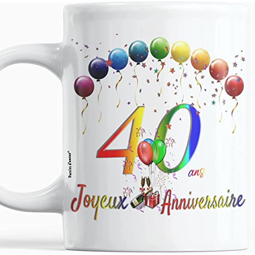 Paroles d'amour Joyeux Anniversaire 40 ans Idée Cadeau Homme Femme Quarante ans Mug original avec des ballons en couleur
