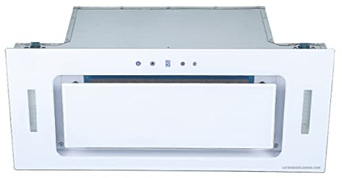 Dunstabzugshaube Kassette, Glas, 1 Motor mit 230 W, Energieklasse A, Bedienfeld mit Touchscreen und digitalem Bedienfeld, Oberfläche aus weißem Hartglas.
