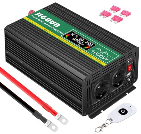 JIGUUN 1000W Wechselrichter 12V Auf 230V Reiner Sinus Spannungswandler mit LCD-Anzeige,AKabellose Fernbedienung,2 EU Steckdosen,1 USB,Spitzenleistung 2000W,Kfz Konverter