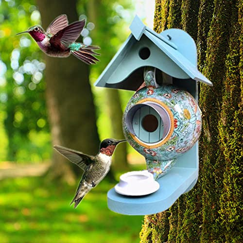 zhibang Teapot Bird House Feeder Birds Nest Box,Bird House Andfeeder,Consists Of A Ceramic Teapot And A Wood/Wrought Iron Birdhouse,Home Garden Decors Pets Acessories Bird Food Dispenser (green)