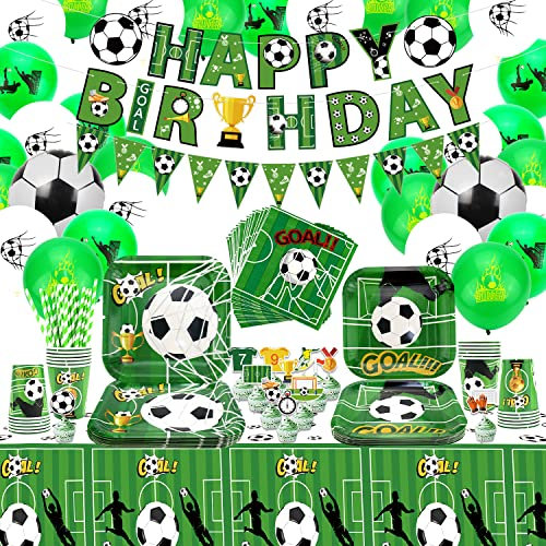 Vajilla para fiestas de fútbol: incluye pancartas de feliz cumpleaños, platos, adornos para tartas, tazas, servilletas, mantel, pajitas para niños, decoración de cumpleaños para 20 personas