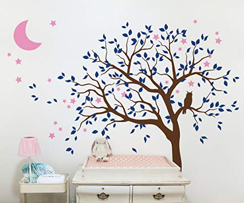 Studio Quee Großer Baum Wandaufkleber mit Eule, Mond und Sternen Kinderzimmer Wandbild Dekoration 088 (Äste nach links, Braun, Blau, Zartrosa)