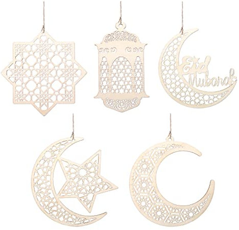 GWHOLE 10 Stück Holz Anhänger Ramadan Ornament Ramadan Kareem Dekoration Ramadan Deko Set Eid Mubarak Dekoration Mond Stern Wind Licht Form Holzanhänger für Muslim Ramadan Mubarak Eid Party