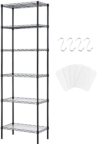 Taotigzu Estantería Metálica con 6 Baldas Ajustables y 4 Ganchos | Negro, 42 × 30 × 160 cm, Ideal para cocina, despensa, baño o lavandería