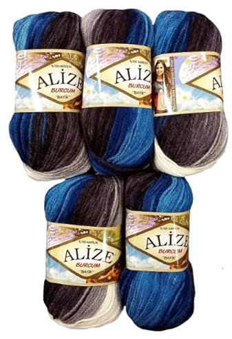5 x 100 Gramm Ilkadim Export Burcum Batik Wolle mehrfarbig mit Farbverlauf, 500 Gramm Acryl Strickwolle bunt (blau türkis weiss ua 4200)