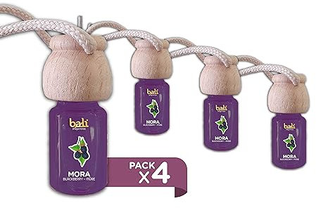 Parfums Bali Pack de 4 désodorisants voiture Mûre 6 ml 0% d'alcool, absorbe les mauvaises odeurs de votre véhicule
