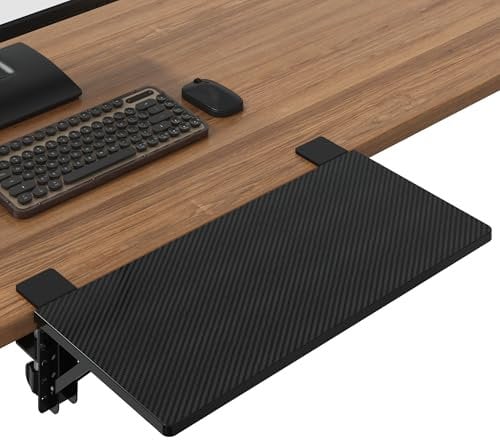 BONTEC Ergonomics Desk Extender Tray, 510mm x 240mm Table Mount Desk Extender Shelf, 90° Foldable Table Extender, Clamp on Computer Arm Rest for Desk, Black Carbon Fiber