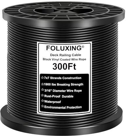 FOLUXING Câble métallique avec revêtement en vinyle noir de 90,5 mm, câble d'avion noir pour intérieur et extérieur, terrasse, escalier, balustrade, bricolage, 0,6 cm surmoulé à 1,9 cm