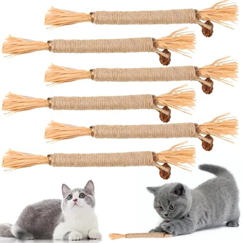 HOVIBU 6 Stück Katzenminze Sticks, Matatabi Katzensticks, Katzen Zahnpflege Spielzeug, Kausticks Set Für Katzen für Entfernen Zahnstein und schlechten Atem, Zähne reinigen und Stress Abbauen