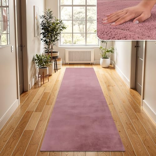 TT Home Wohnzimmer Teppich Hochflor Langflor Kunstfell Weich Modern Unifarben Flauschig, Farbe:Rosa Mauve, Größe:80x300 cm
