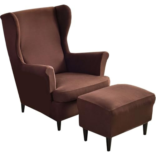 CLGTY Spandex 2 Teilig Ohrensessel Überzug Mit Hockerbezug, Ohrensesselbezüge Mit Ottomane Schonbezug Stretch Ohrensessel Schonbezuge Waschbar Für Wohnzimmer-Kaffee-3 Stück