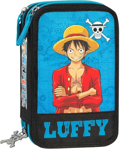 Clondo Estuche Triple Relleno para Niños, para One Piece Luffy Fans, 45 Accesorios Escolares, 3 Cremalleras, Compartimentos Organizados, Lápices de Colores, Rotuladores, Tijeras