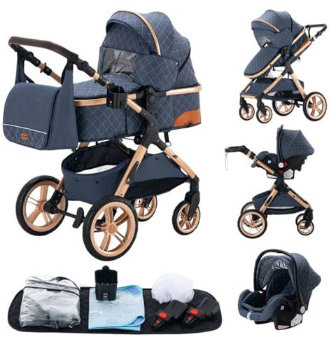 GLOKID Kinderwagen 3 in 1,Reisesysteme, Buggy mit Umkehrbarem Zwei-Wege-Schub,Babywanne Buggy&Sportsitz,Voll-Gummireifen,Mit Einem Klick Zusammenklappbarer,Zubehör,Tragbarer (LQL XX1 Blau)