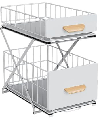 Rangement Sous évier à 2 Niveaux,Organiseur de Cuisine, Étagère sous Évier, Porte-épices,Panier de Rangement Coulissant en métal,pour Cuisine, Salle de Bain,Chambre-40 * 26 * 43 cm-blanc (1 pièce)