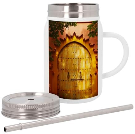 Mug Isotherme en Inox avec Couvercle et Paille - Porte Orientale en Bois Doré - 500 ml - Tasse Thermo