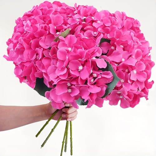 AVIVIHO Künstliche Hortensien, doppelblättrig, 7 Stück, Hot Pink, künstliche Hortensien mit 44 cm Stielen, realistische Seidenhortensie für Hochzeit, Party, Zuhause, Tischdekoration