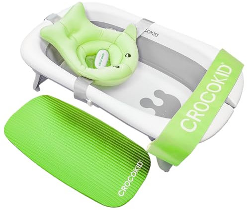 CROCOKID® Baignoire et siège de Bain - Grande Baignoire Bébé Pliable avec accessoires | 0 à 5 ans | Kit baignoire portable, Baignoire bébé escamotable, Kit Baignoire nomade XXL avec accessoires - Vert