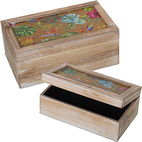 SET 2 CAJAS RECT. MADERA+RATÁNDECORADO FLORES 30X18X12+24X14X9CM