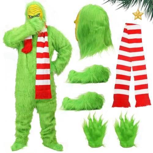 Costume da mostro verde per adulti, 5 pezzi, tuta pelosa con maschera, guanti, scarpe, sciarpa, vestito deluxe per feste di carnevale (XL)