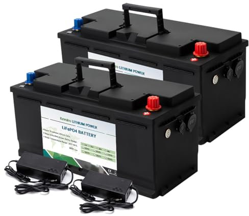 Kcvolro 2 Stück 12V 100Ah LiFePO4 Batterie, Upgraded 100A BMS, MAX 1280W Leistung, 10-Jahres Lebensdauer Tiefzyklus Batterie für Solar, Anhänger RV, Trolling Motor, Marine(Mit Ladegerät)
