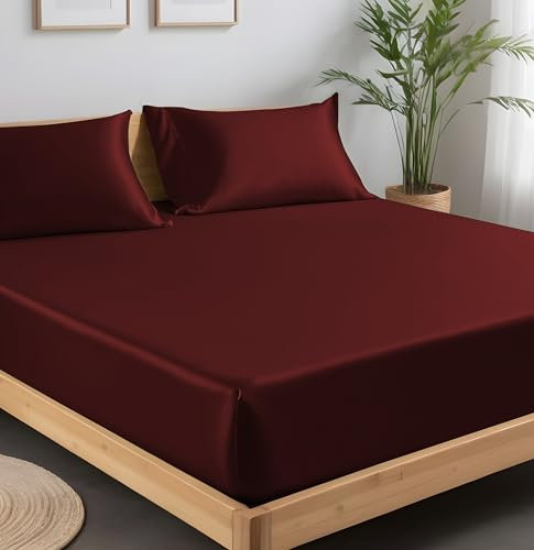 LINENWALAS Spannbetttuch aus 100% Bio-Bambus Seide 180x200 cm, Tiefe Tasche bis 40 cm weich, Öko-Tex-zertifiziertes kühlendes Bambus-Bettwäsche-Set Spannbetttuch mit Kissenbezug (Bugund)