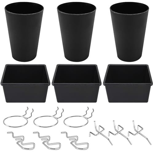 Panneau Perforé Mural Costume, Organisation Murale Multifonctionnelle, peu Encombrant Pegboard, avec 6 Gobelets en Plastique et 9 Crochets, aux Garages, Chambres, Etablis, Bureaux Etc (noir argent)