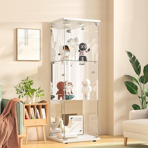 QMTXBYJ Glasvitrine mit LED-Beleuchtung, 125x43x37cm, Modern Vitrine mit 3 Regalen, 1 Türen Glas Vitrine Vitrinenschrank, Glasschrank Standvitrine aus Gehärtetes Glas und Holz, für Wohnzimmer