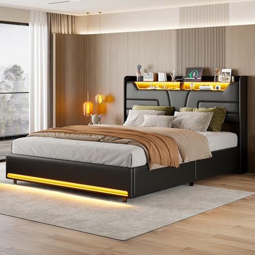 Polsterbett Doppelbett mit LED Kopfteil und USB Aufladen, Hydraulisch Bett mit Lattenrost und Bettkasten, Stauraumbett Jugendbett Modernes Bettgestell, PU, Schwarz, Ohne Matratze (140x200)