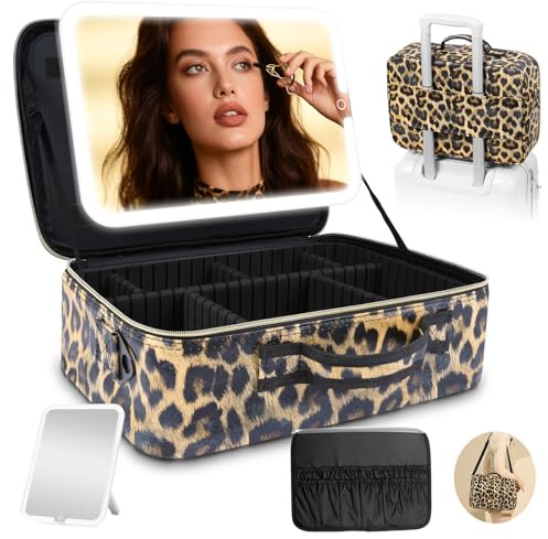 Trousse de Maquillage avec Miroir LED Amovible, Grand 38X28cm Professionnel Sac de cosmétiques de Voyagea de Lumineux, boîtier de Maquillage avec Miroir éclairé, 3 Modes d'éclairage,Cuir PU