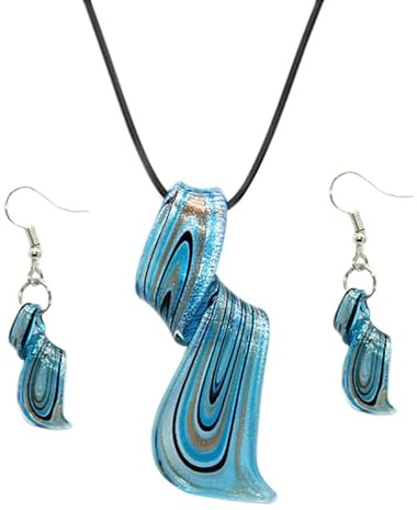 Ensemble pendentif et boucles d'oreilles pour femme, Bijoux Spirale Créatifs Bleu Ensemble Collier Et Boucles Oreilles Pendantes Verre Pour Femme Cadeau Élégant Pour Anniversaire Fête Et Soirée