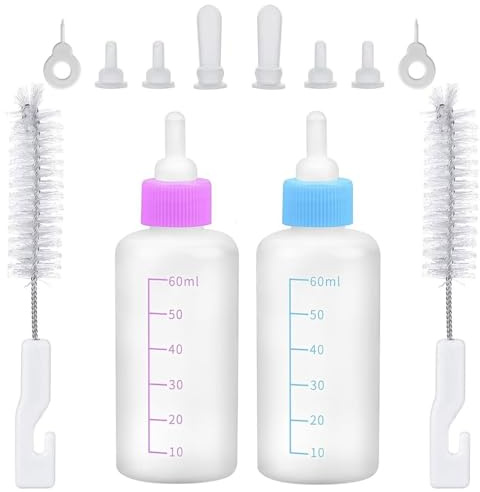 UQMIQURA 2 Stück Aufzuchtflasche Katze, 60ml Katzen Flasche Set, Haustier Babyflasche Kit mit Reinigungsbürste und Ersatznippeln, Aufzuchtflasche Pet Milchflasche für Kätzchen