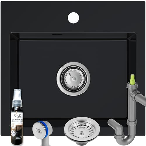 SINK Quality Évier de cuisine noir 45 × 42 cm - avec siphon et imprégnation - pour meuble bas à partir de 45 cm - Évier de cuisine 1 bac noir sans égouttoir