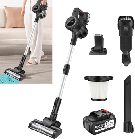 DayPlus Staubsauger Kabellos mit 2 x 3.0Ah Batterie, 15000Pa Leistungsfähige Saug, Rotierende Bodenbürste mit LED-Licht, Abnehmbarer 21 V Akku, bis zu 65 Min Laufzeit