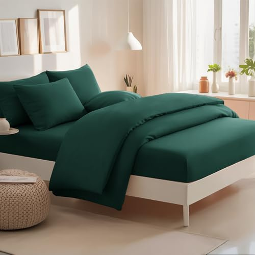 RUIKASI Double Duvet Set 4 Piece Emerald Green - Duvet Cover Bedding Double Bed Sets Microfiber Fitted Sheet Duvet Cover with Pillow Cases
