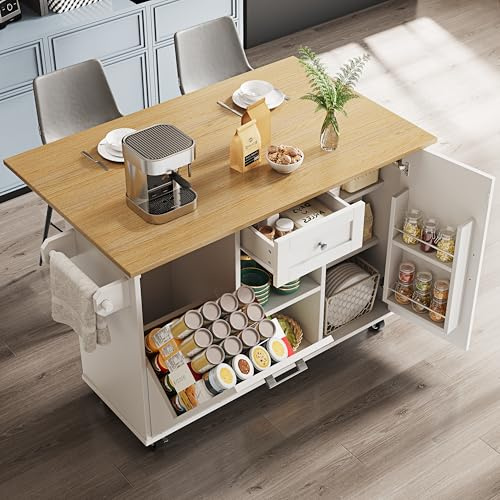 Merax Kücheninsel mit klappbare Arbeitsplatte, beweglicher Küchenwagen Buffetschrank Küchenschrank auf Rollen, mit 1Tür&1 Schublade&Abfallbehälterfach&Türregale&Handtuchhalter, 142x40-63x87cm/Weiß