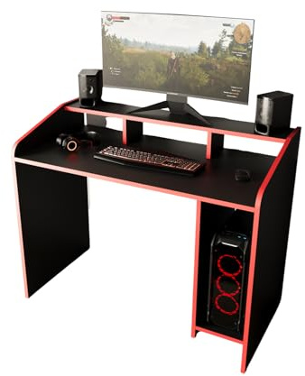 Gaming Desk 117cm with Monitor Shelf, Modern Computer Desk for PC, Gaming & Home Office, Wooden Gaming Desk Table with Storage Shelves for Bedroom, Workstation Desk for Small Spaces (Black/Red, Nova)
