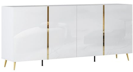 Vente-unique - Buffet avec 4 Portes - 200 cm - Blanc Brillant et Doré - MARZIALO