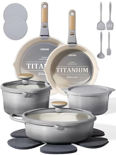 CAROTE 17Pcs Titanium Cookware Set, Pots and Pans Set Non Stick, Kitchen Cooking Set with Detachable Handle, Non Toxic Induction Cookware, Dishwasher/Oven Safe