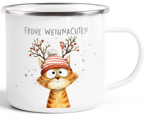 SpecialMe® Emailletasse Frohe Weihnachten Lustige Tiere Orangene Katze Winter Weihnachtsbecher Geschenkidee Weiss-silber standard