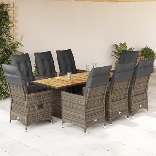 Yunovire 9-TLG. Garten-Essgruppe mit Kissen Grau, Poly Rattan Outdoor Möbel Set, Verstellbare Relaxsessel, Akazienholz Tisch für Terrasse, Balkon, Garten