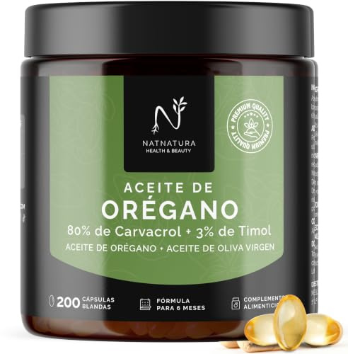 Aceite de Orégano 80% + 3% Timol | Con Aceite de Oliva Virgen | Bienestar y Defensa Natural | 200 cápsulas | 6 Meses Fórmula | NATNATURA