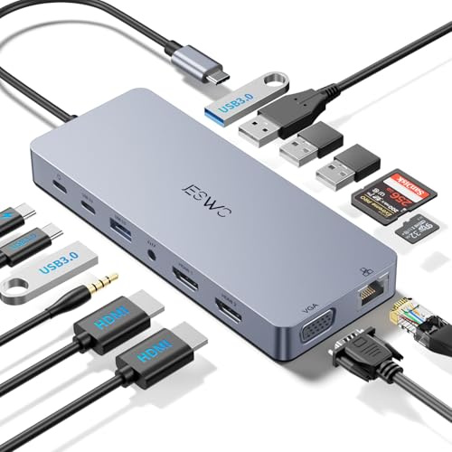 Dockingstation Laptop 2 Monitore, 14-in-1 Docking Station USB C Hub mit 2 HDIM 4K Adapter,VGA,100W PD,Ethernet,USB-C/A Port,Audio,SD/TF, USB C Docking Station für Dell HP